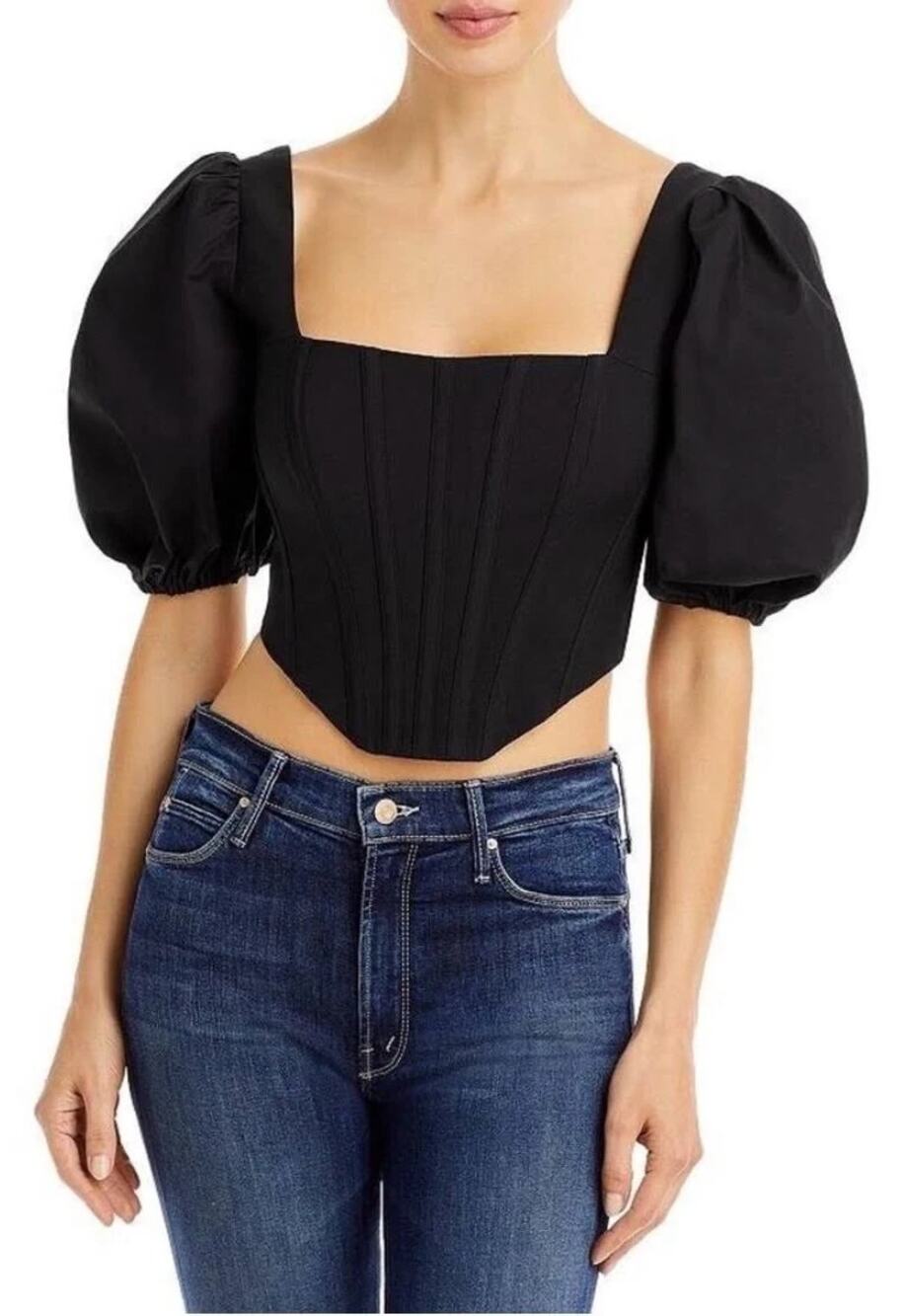 NEW Bardot Black Eva Corset Bustier Puff Sleeve Zip Back Women's 10